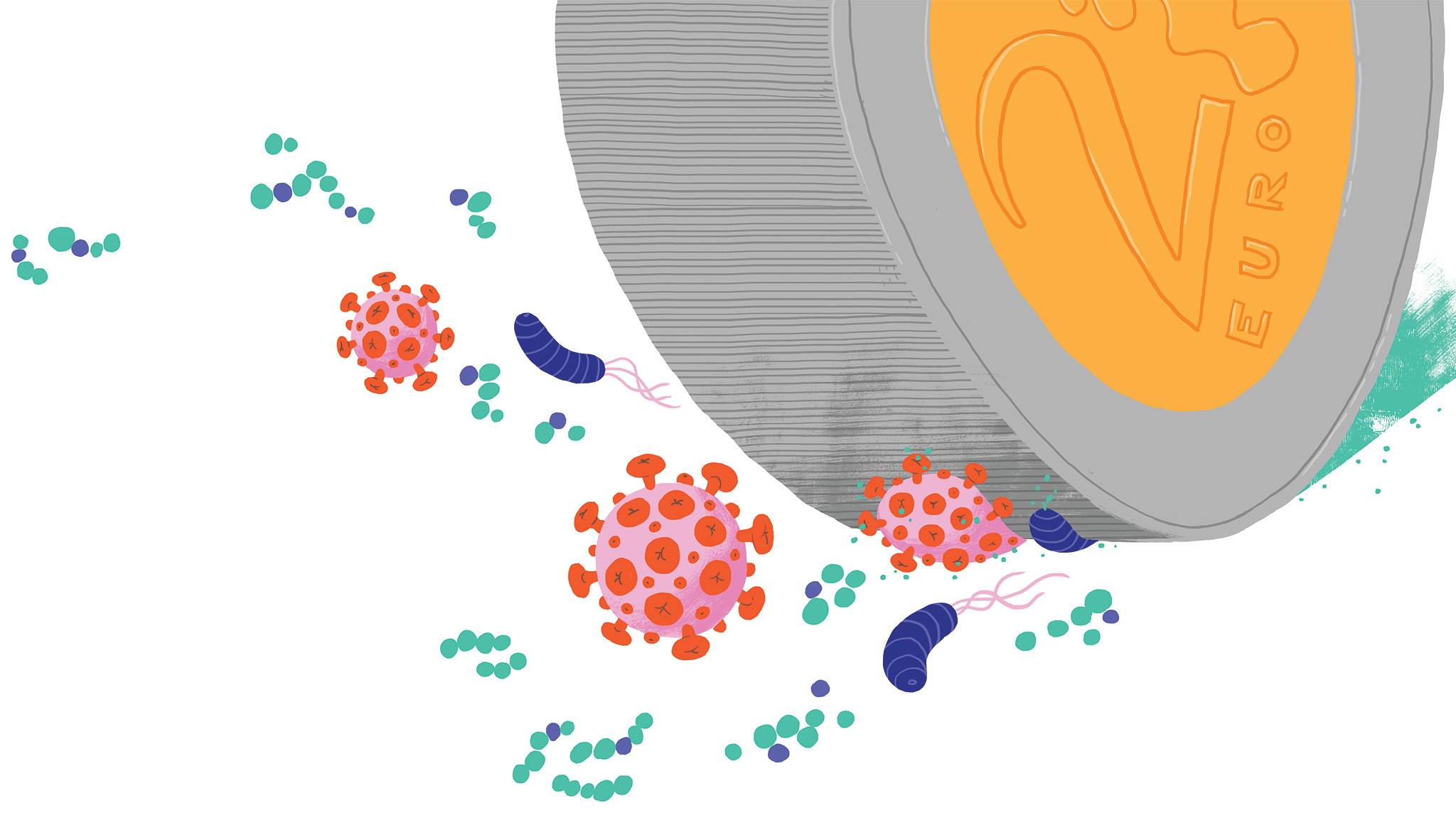 Kuvituskuvassa valtava kahden euron kolikko vierii ja liiskaa viiruksia ja bakteereja.